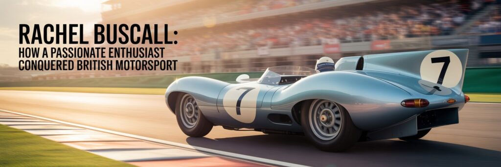Vintage silver number 7 sports racing car on track, titled Rachel Buscall: How a Passionate Enthusiast Conquered British Motorsport