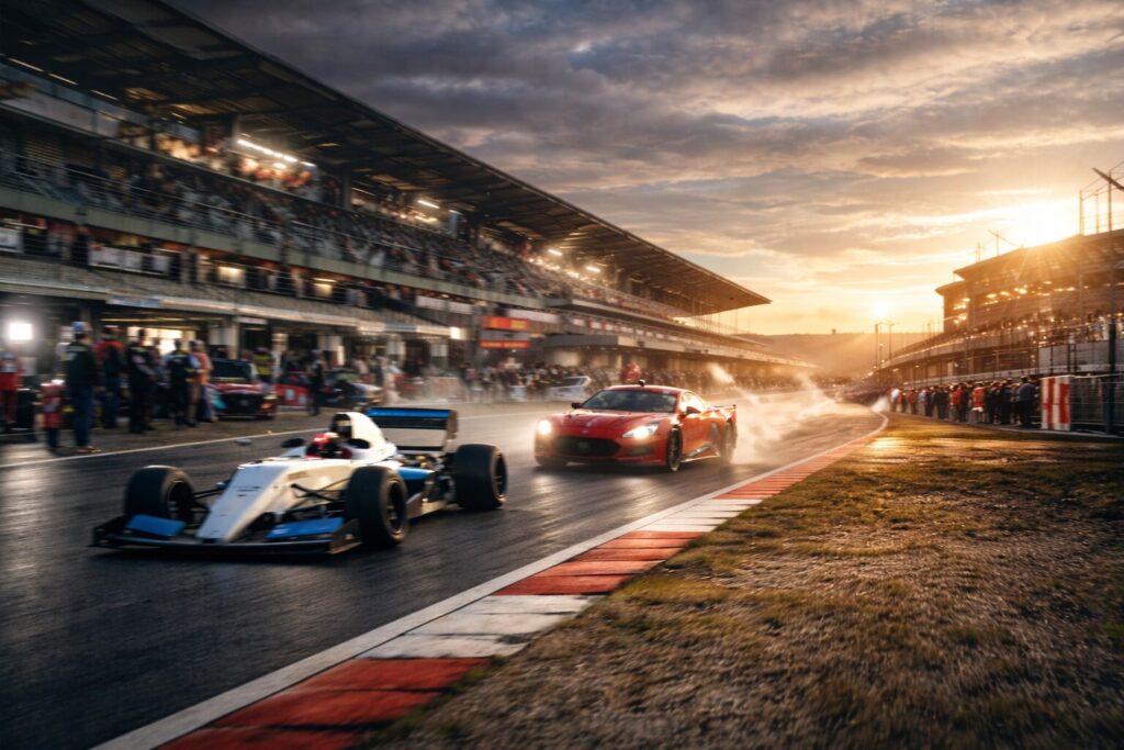 Single-seater and red sports car racing past a grandstand at sunset