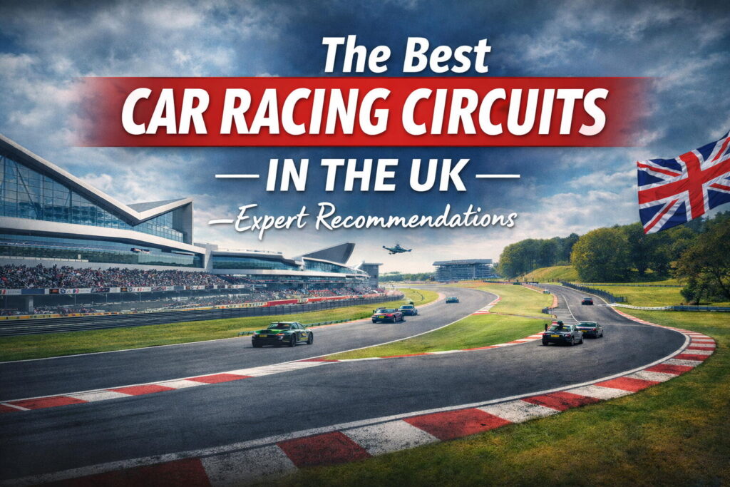 Racing cars on a UK circuit beside the grandstand, titled The Best Car Racing Circuits in the UK
